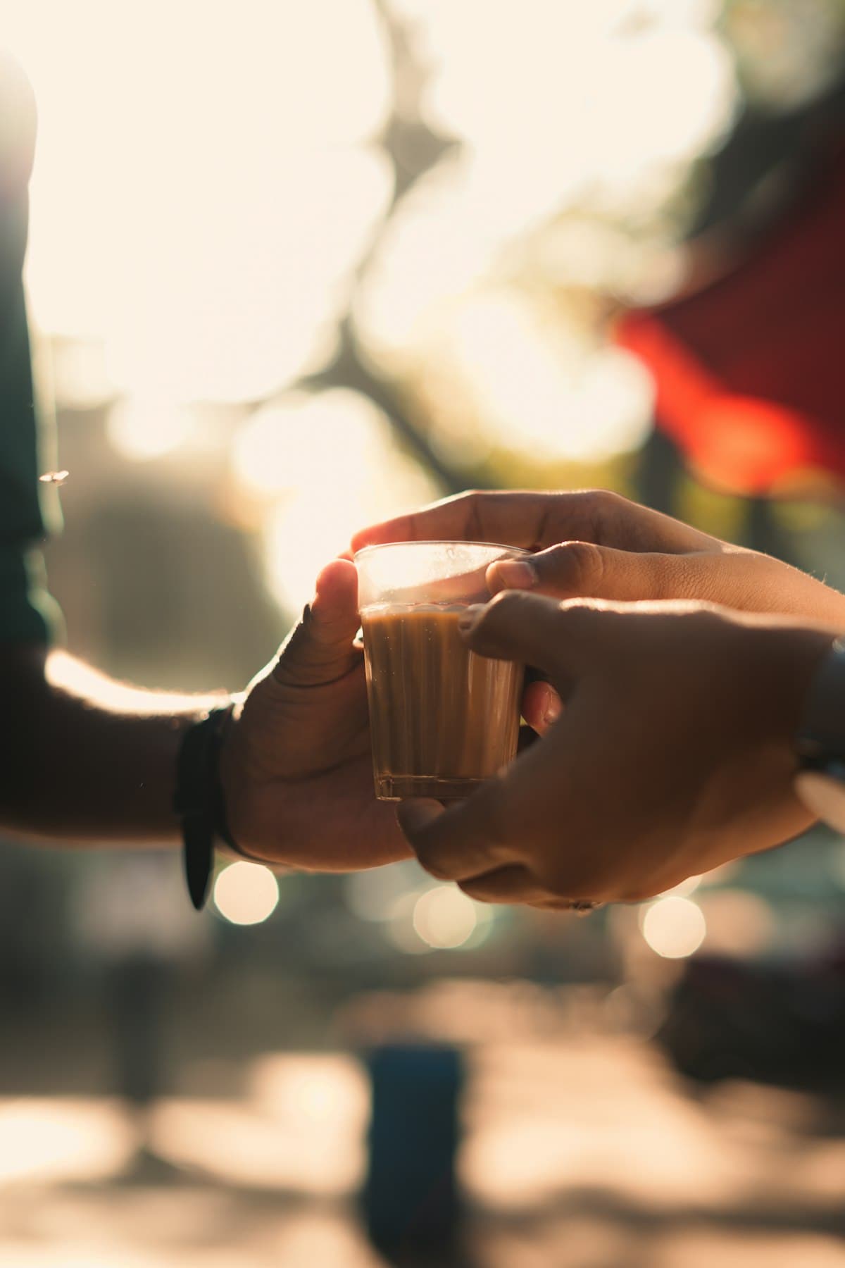 Two friends clinking glasses of chai